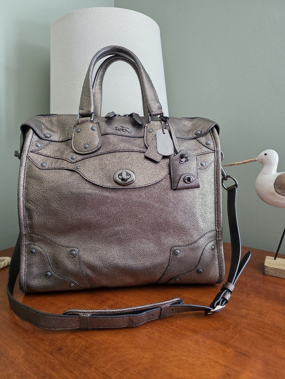 Coach 33740 Rhyder 33 Elevated Satchel Metallic Gold Pebbled Leather Gunmetal